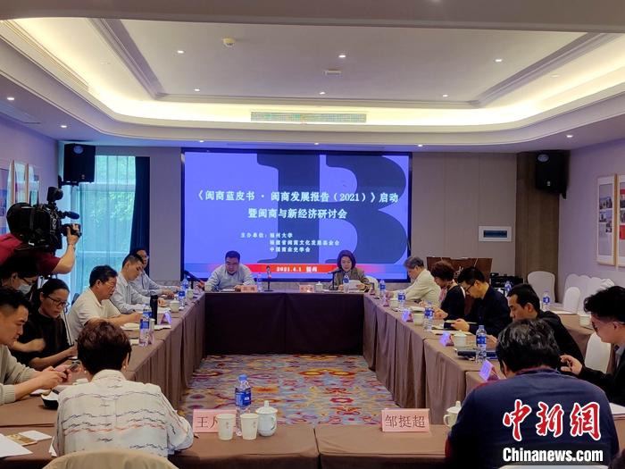 《闽商蓝皮书·闽商发展报告(2021)》启动暨闽商与新经济研讨会现场，闽商蓝皮书主编、中新社福建分社社长徐德金正在发言。叶秋云 摄