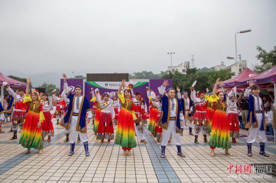 4在两侧展区中间的舞台上，福州大学少数民族学生伴随着少数民族歌曲，欢快地跳着民族舞蹈。福州大学 供图